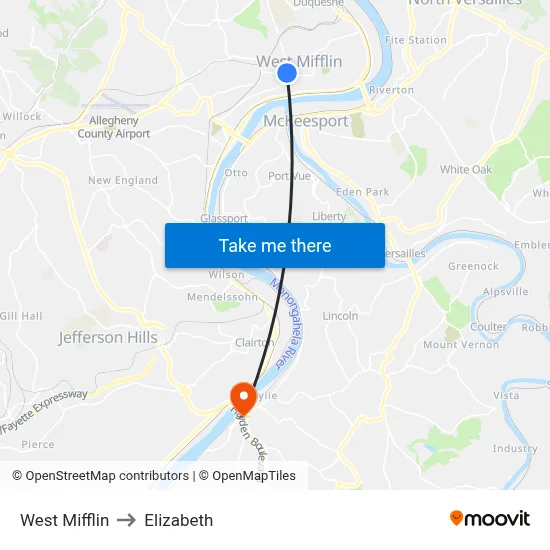 West Mifflin to Elizabeth map