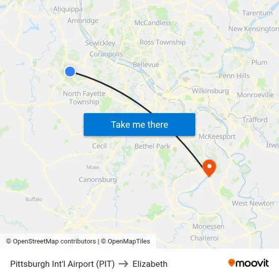 Pittsburgh Int'l Airport (PIT) to Elizabeth map