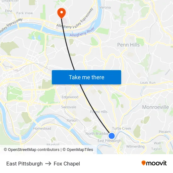 East Pittsburgh to Fox Chapel map