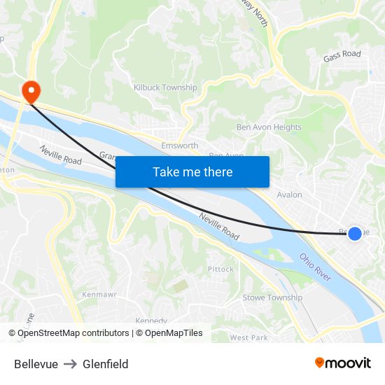 Bellevue to Glenfield map