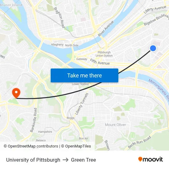 University of Pittsburgh to Green Tree map