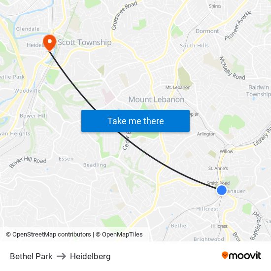 Bethel Park to Heidelberg map