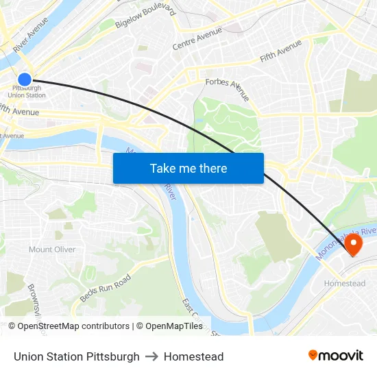Union Station Pittsburgh to Homestead map