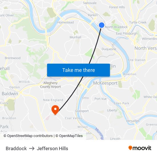 Braddock to Jefferson Hills map