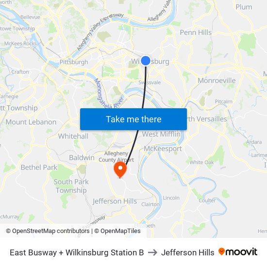 East Busway + Wilkinsburg Station B to Jefferson Hills map