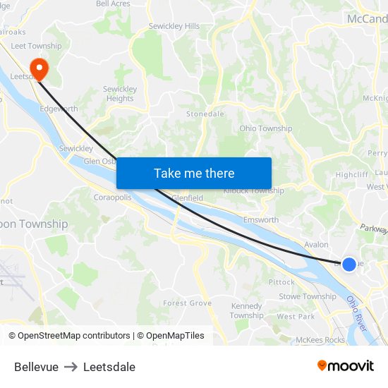 Bellevue to Leetsdale map