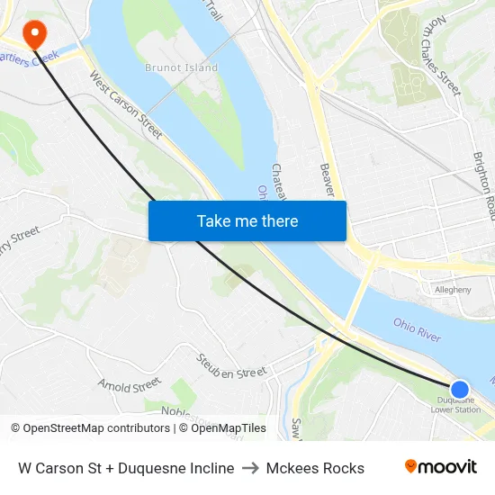 W Carson St + Duquesne Incline to Mckees Rocks map