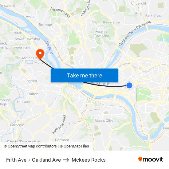 Fifth Ave + Oakland Ave to Mckees Rocks map