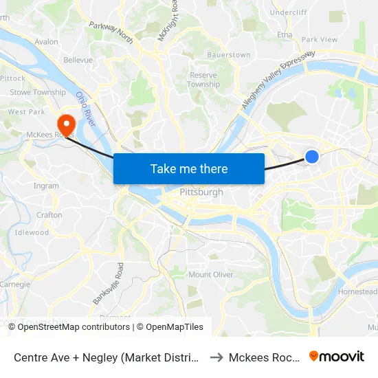 Centre Ave + Negley (Market District) to Mckees Rocks map