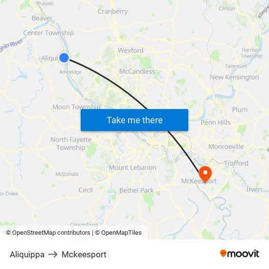 Aliquippa to Mckeesport map