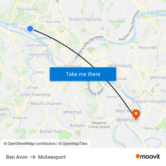 Ben Avon to Mckeesport map