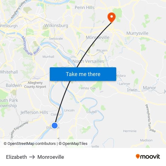 Elizabeth to Monroeville map