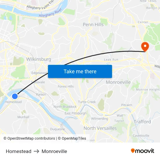 Homestead to Monroeville map