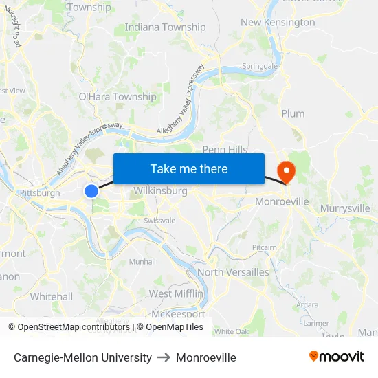Carnegie-Mellon University to Monroeville map