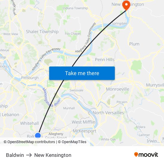 Baldwin to New Kensington map