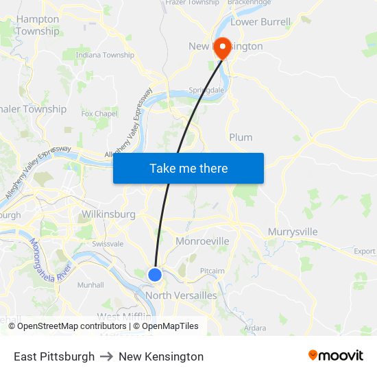 East Pittsburgh to New Kensington map