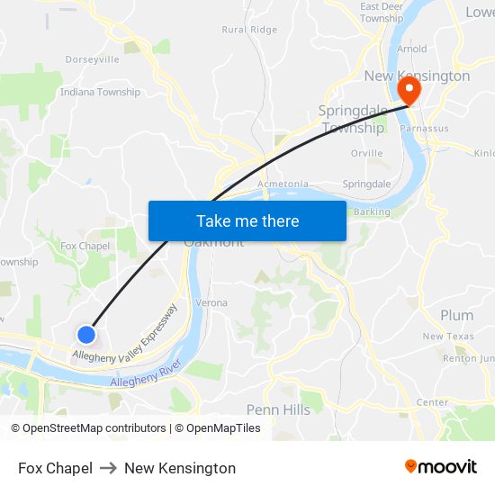 Fox Chapel to New Kensington map