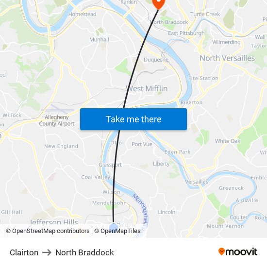 Clairton to North Braddock map