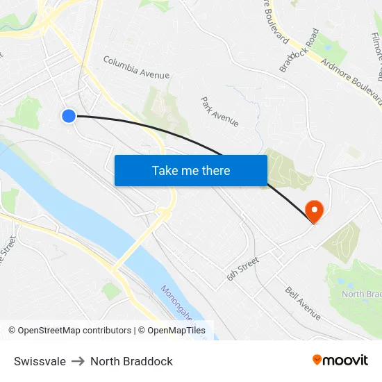 Swissvale to North Braddock map