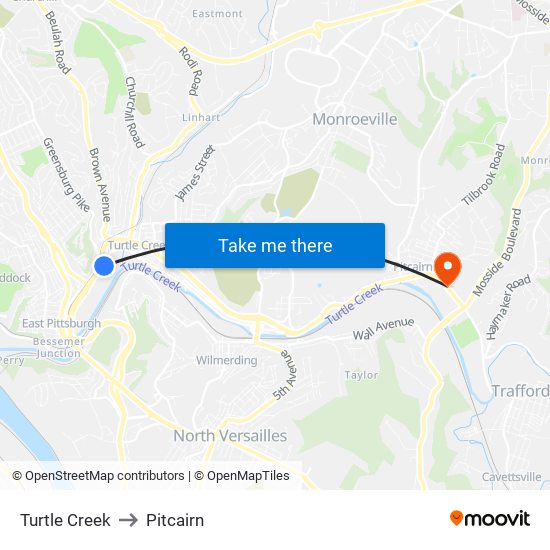 Turtle Creek to Pitcairn map