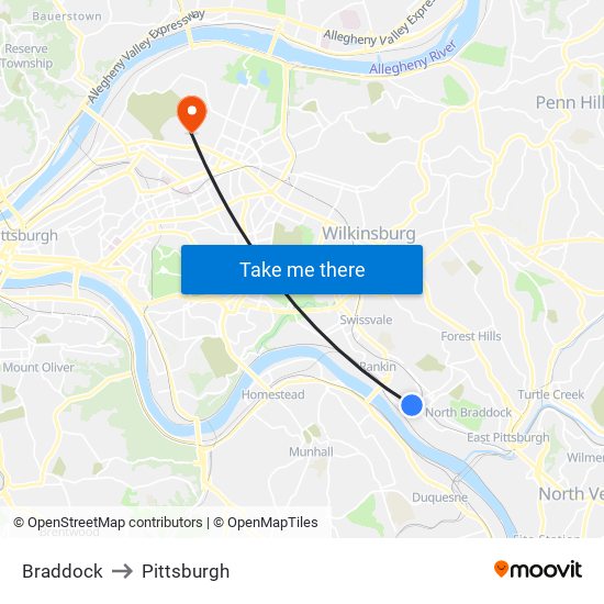 Braddock to Pittsburgh map