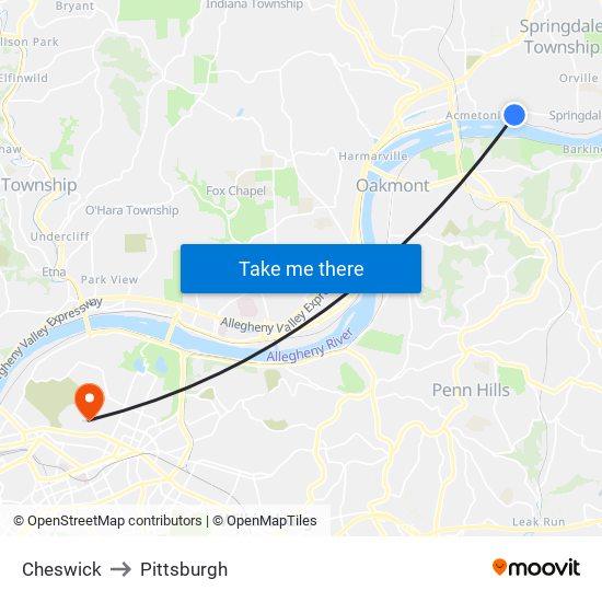 Cheswick to Pittsburgh map