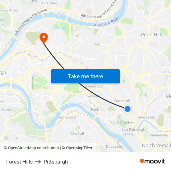 Forest Hills to Pittsburgh map