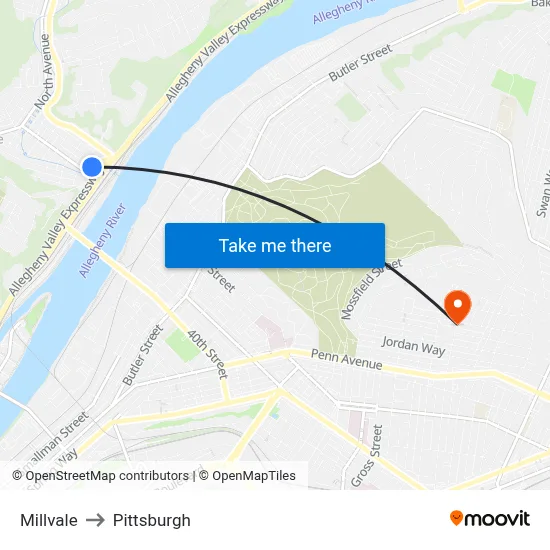 Millvale to Pittsburgh map