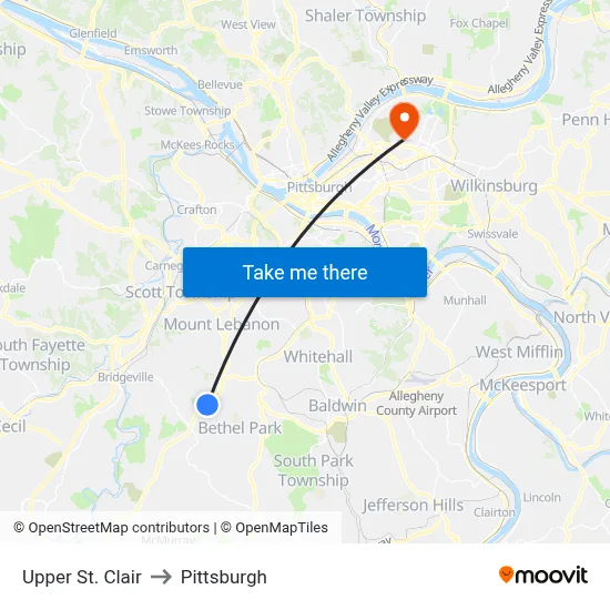 Upper St. Clair to Pittsburgh map