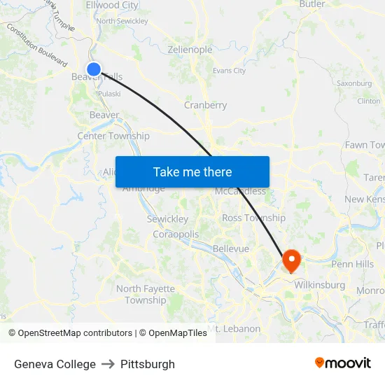 Geneva College to Pittsburgh map