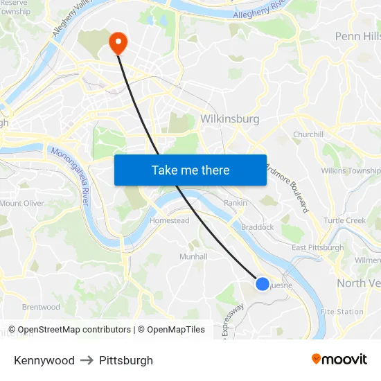 Kennywood to Pittsburgh map