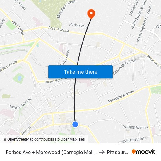 Forbes Ave + Morewood (Carnegie Mellon) to Pittsburgh map