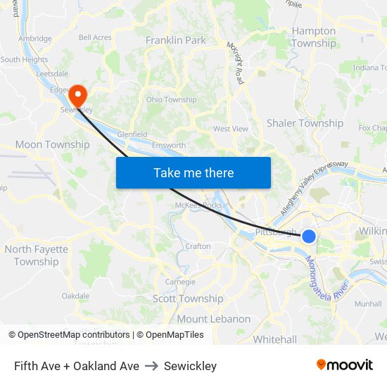 Fifth Ave + Oakland Ave to Sewickley map