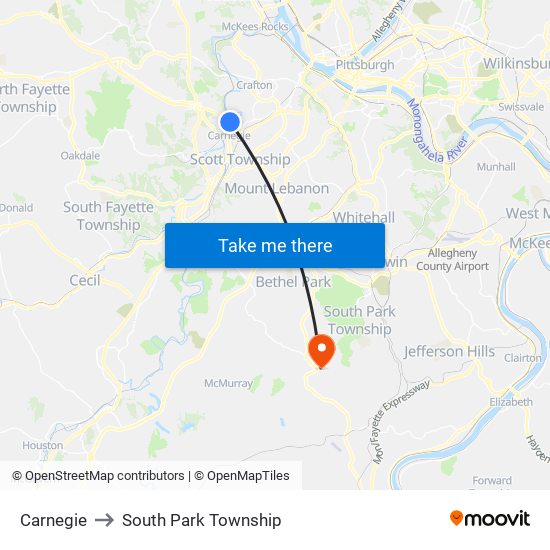 Carnegie to South Park Township map