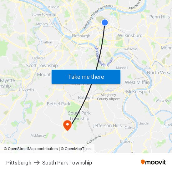 Pittsburgh to South Park Township map