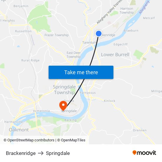 Brackenridge to Springdale map