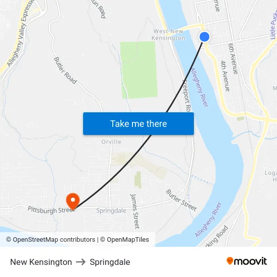New Kensington to Springdale map