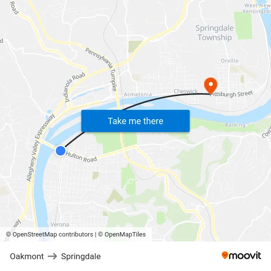 Oakmont to Springdale map