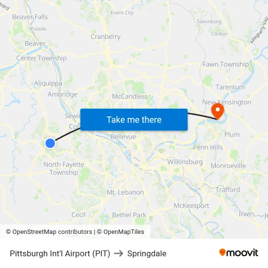 Pittsburgh Int'l Airport (PIT) to Springdale map