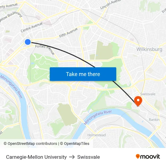 Carnegie-Mellon University to Swissvale map