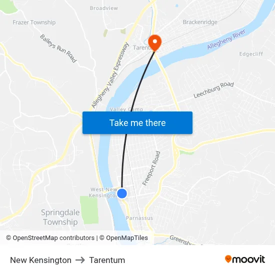 New Kensington to Tarentum map