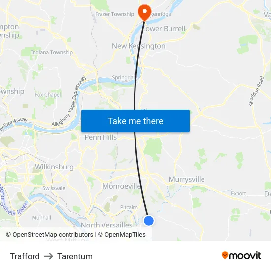 Trafford to Tarentum map