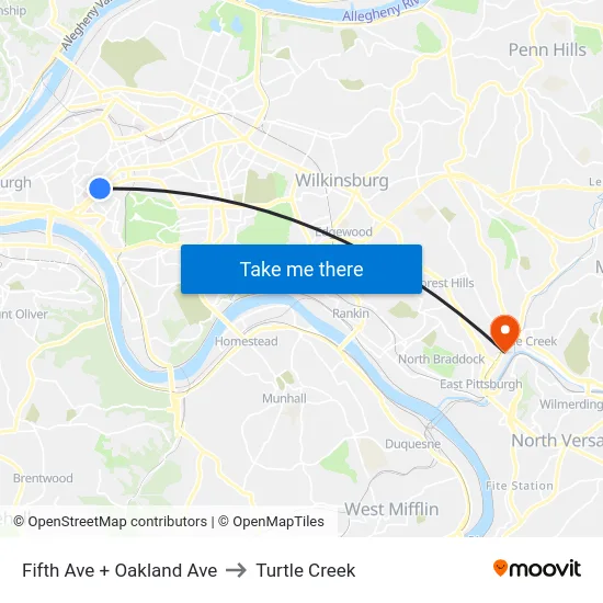 Fifth Ave + Oakland Ave to Turtle Creek map