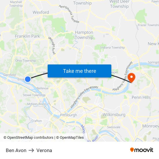 Ben Avon to Verona map