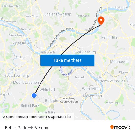 Bethel Park to Verona map