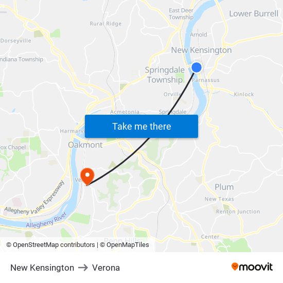 New Kensington to Verona map