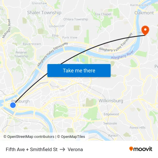 Fifth Ave + Smithfield St to Verona map
