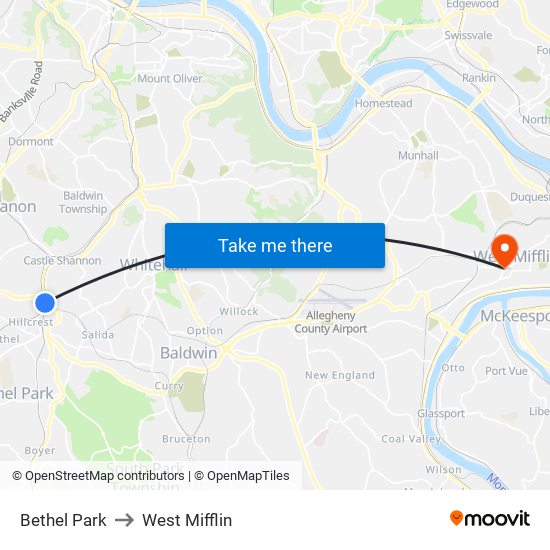 Bethel Park to West Mifflin map