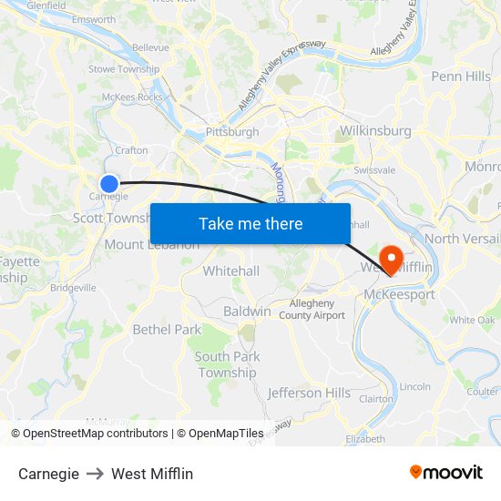 Carnegie to West Mifflin map