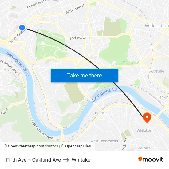 Fifth Ave + Oakland Ave to Whitaker map